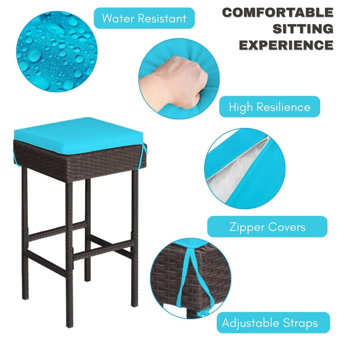 Outdoor Wicker Bar Set with Glass Top, 2 Cushioned Stools