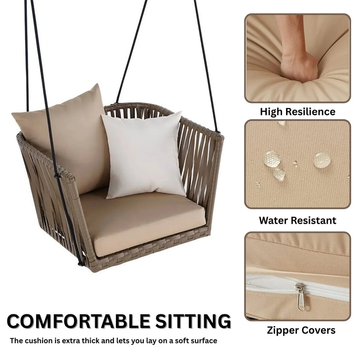Traditional Porch Outdoor Rattan Garden Swing Chair with Beige Cushion