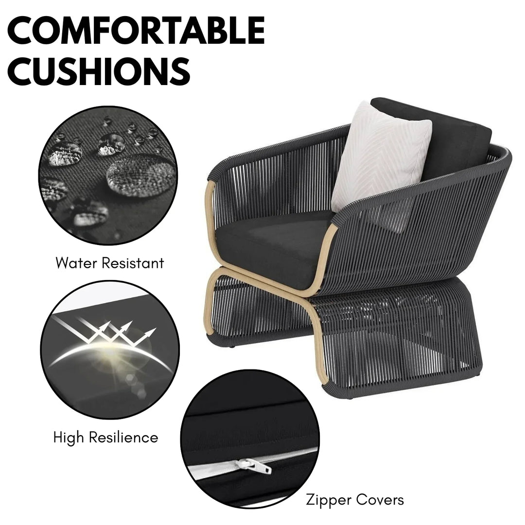 Taima Outdoor Braided Rope Sofa Set With 2-Tier Glass Top Table