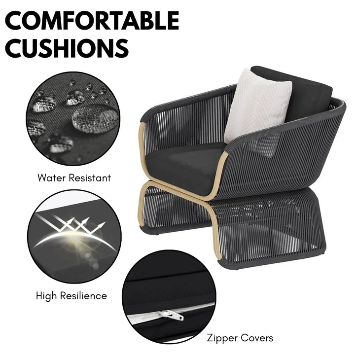 Taima Outdoor Braided Rope Sofa Set With 2-Tier Glass Top Table