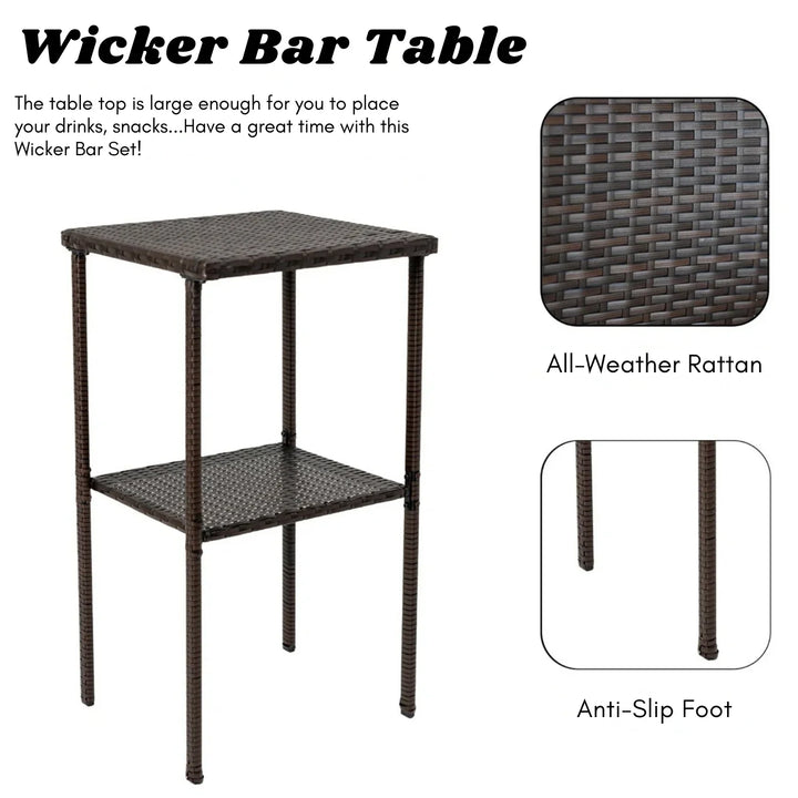 Xaveria Outdoor Rattan Wicker Bar Set With 2-Tier Table