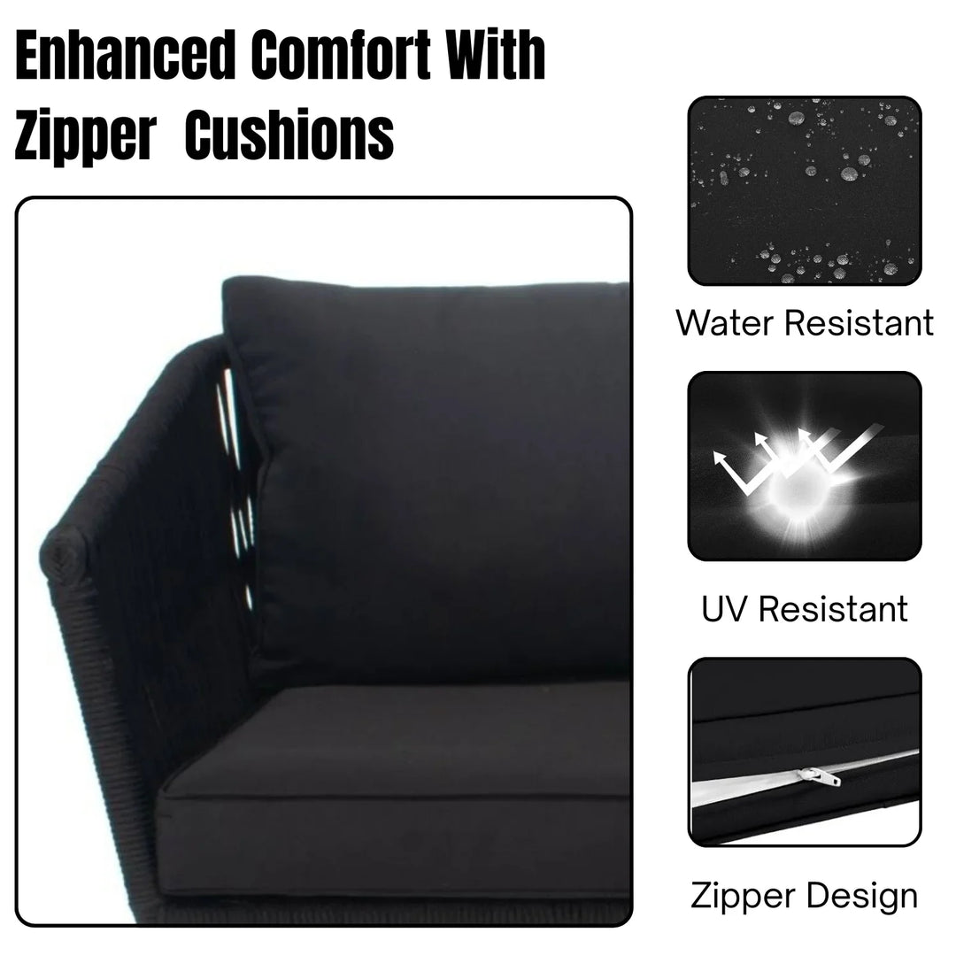 Rasha Outdoor Black Rope L-Shape All Weather Sectional Sofa Set