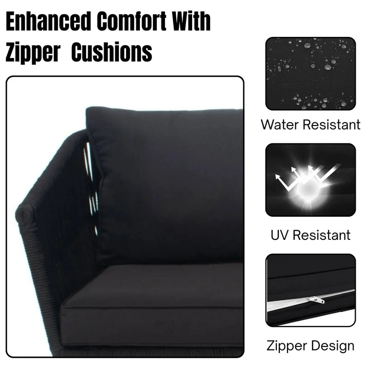 Rasha Outdoor Black Rope L-Shape All Weather Sectional Sofa Set