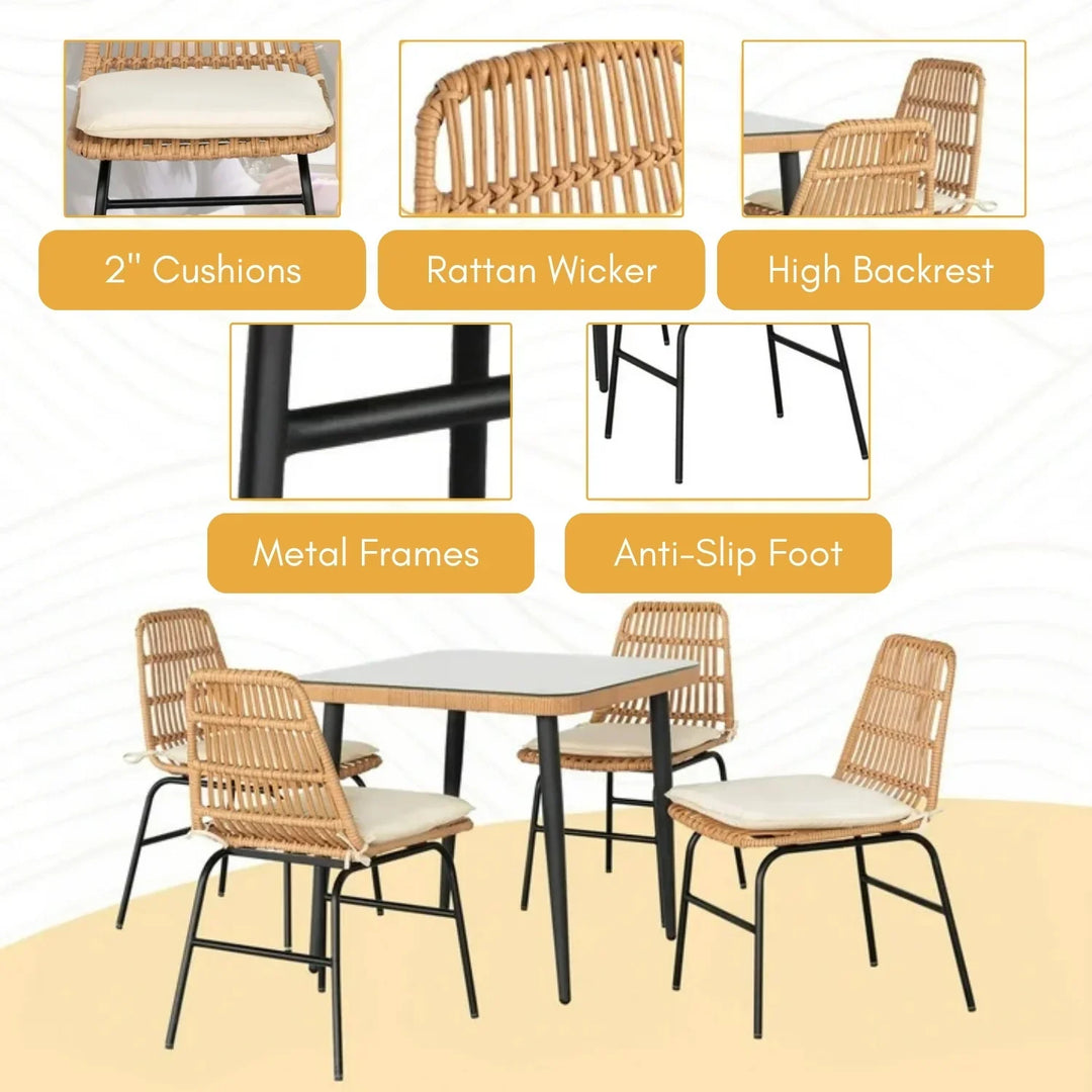 Macarena 5-Piece Outdoor Patio Dining Set With Rattan Chairs & Glass-Top Table