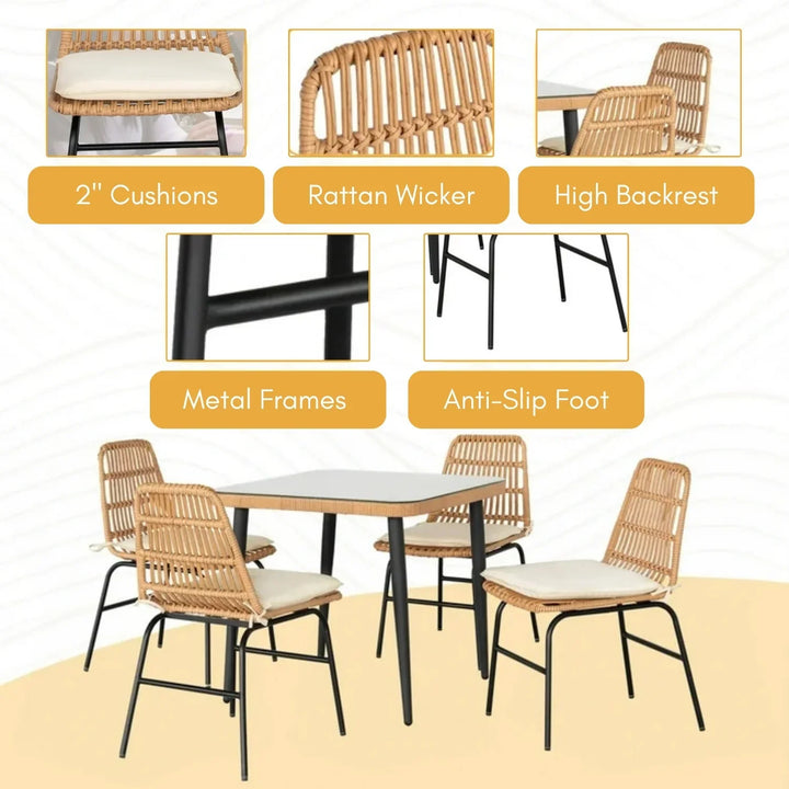 Macarena 5-Piece Outdoor Patio Dining Set With Rattan Chairs & Glass-Top Table