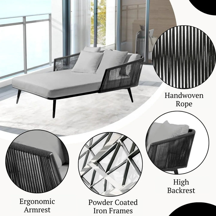 Salwa Outdoor Black Rope Patio Daybed with Comfortable Grey Cushion