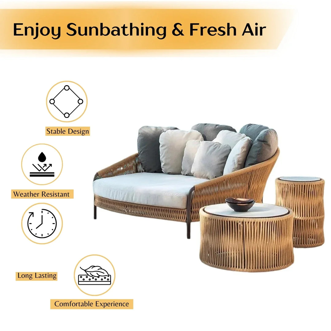 Roxane Outdoor Patio Rope Daybed With Center and Side Tables