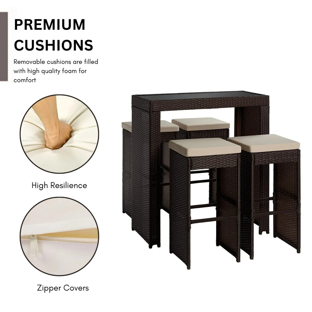 Xia 5-Piece Outdoor Rattan Wicker Bar Set with Glass Top Table