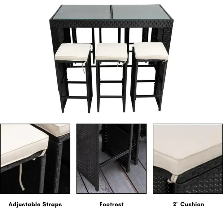 Ayana 7-Piece Outdoor Rattan Wicker Bar Set with Glass Top Table
