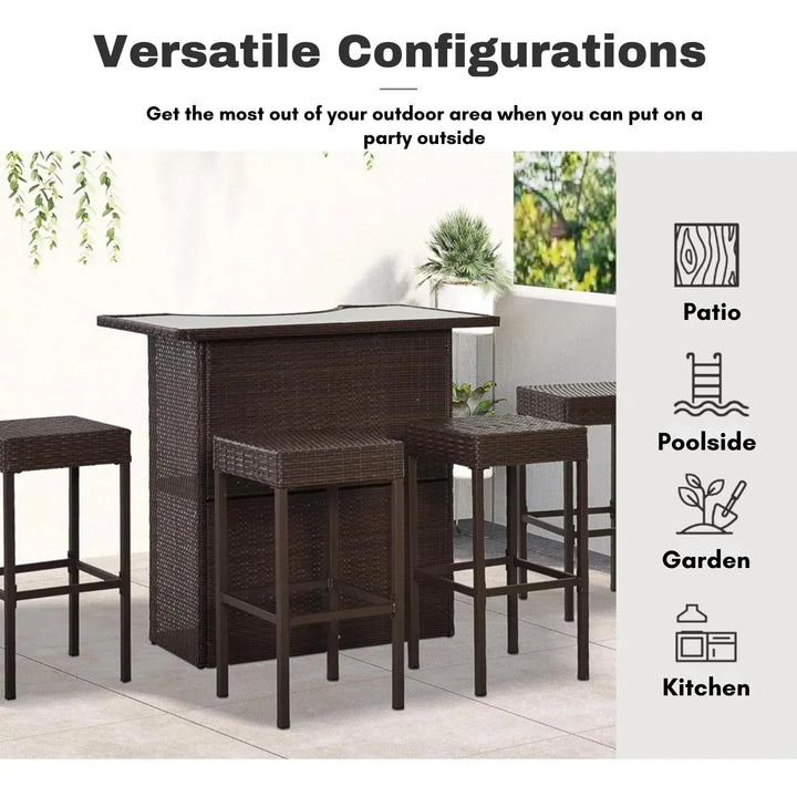 Outdoor Wicker 5-Piece Bar Set with Glass Top Table