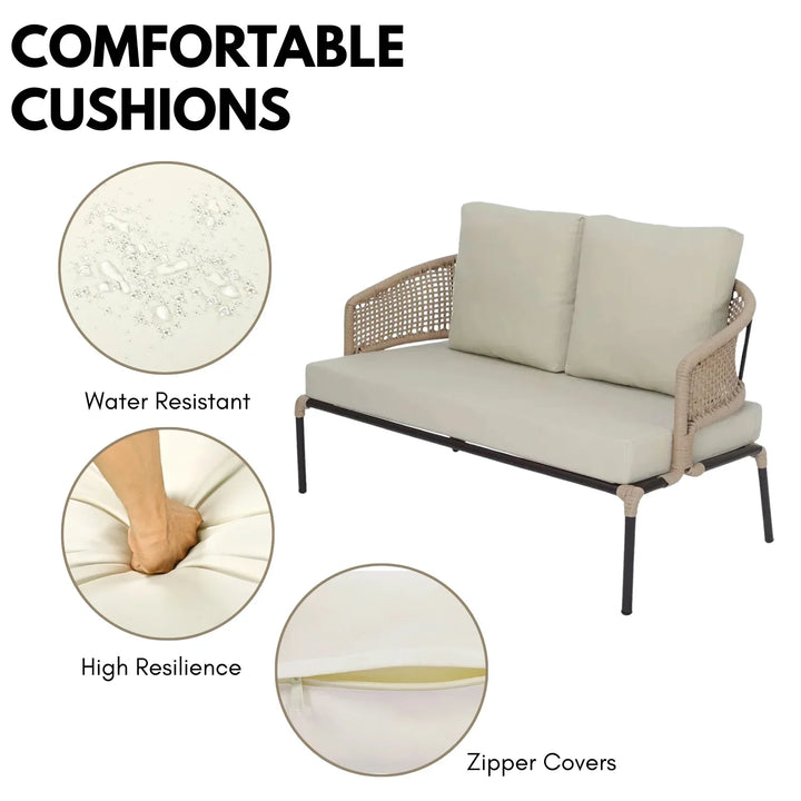 Amaya All-Weather Patio Rope Sofa Set with Glass Top Coffee Table