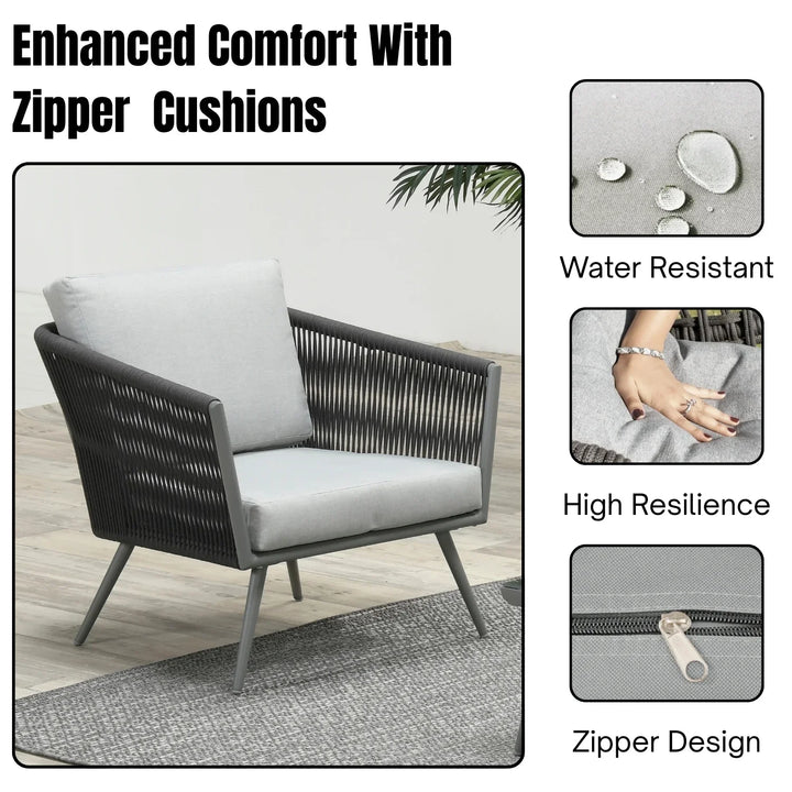 Teresa 5-Seater Outdoor Rope Patio Sofa Set with Glass Top Tables (Black & Grey)