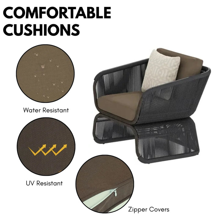 Yumna Outdoor Braided Rope Sofa Set With 2-Tier Glass Top Table