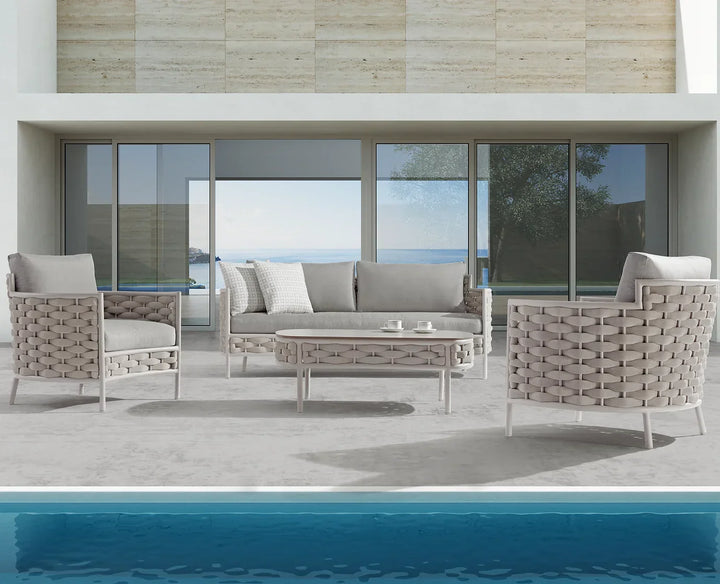 Nivio Outdoor Garden Balcony Sofa Set 2 Seater, 2 Single seater and 1 Center Table Set, Braid & Rope(White + Cream)