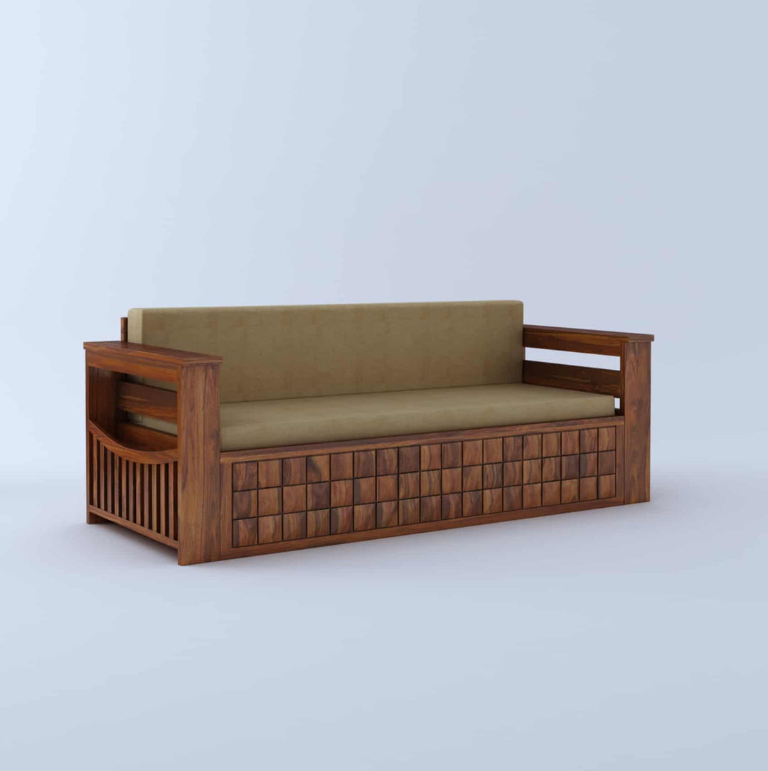 Freya Solid Sheesham Wood 3 Seater Sofa Cum Bed With Headboard and Mini Storage