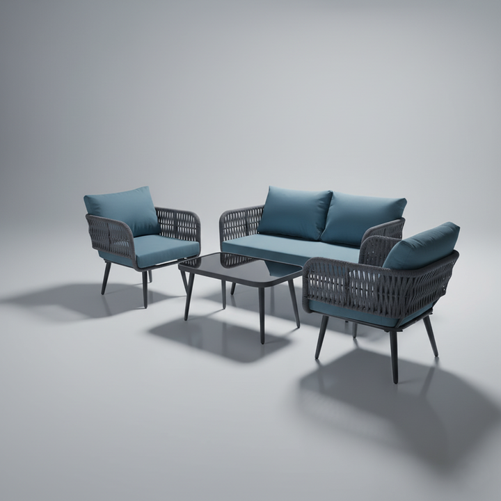 Polari Outdoor Garden Balcony Sofa Set 2 Seater , 2 Single Seater 1 Center Table Set (Grey) Braided and Rope