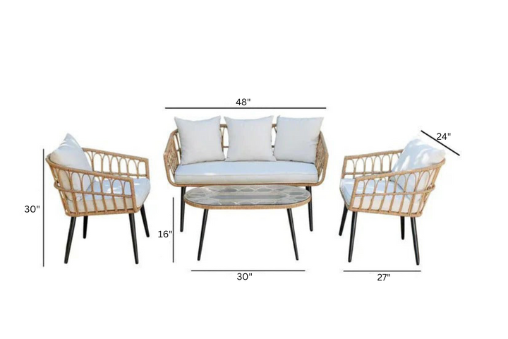 Pyro Outdoor Garden Balcony Sofa Set 2 Seater, 2 Single seater and 1 Table Set (White + Tan)