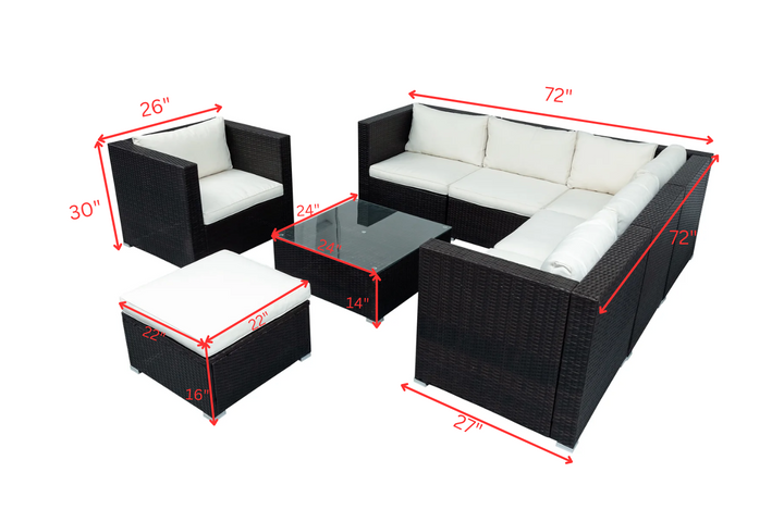 Silas Outdoor Garden Balcony Sofa Set 5 Seater, Single seater With 1 Ottoman and 1 Center Table Set (Black + White)