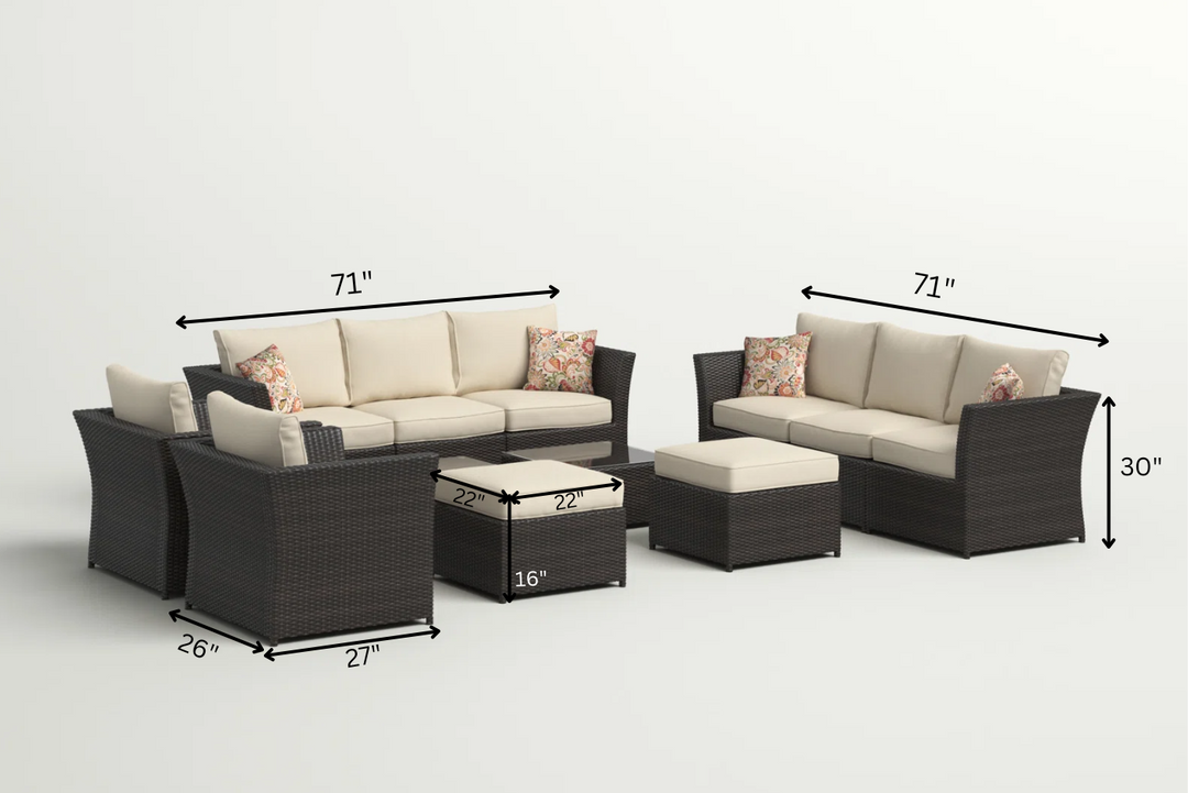 Enorson Outdoor Garden Balcony Sofa Set 2 Three Seater, 2 Single Seater With 2 Ottoman and 2 Center Table Set (Brown)