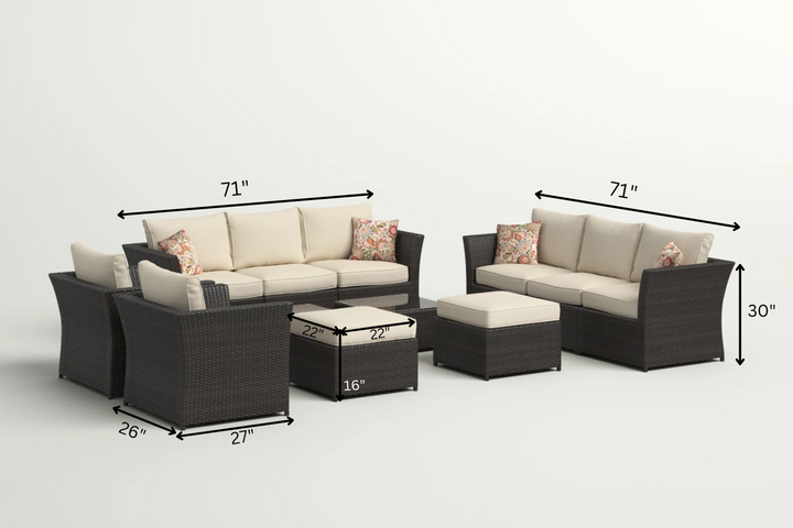 Enorson Outdoor Garden Balcony Sofa Set 2 Three Seater, 2 Single Seater With 2 Ottoman and 2 Center Table Set (Brown)