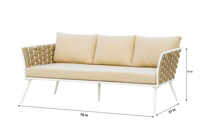 Crasio Outdoor Garden Balcony Sofa Set 3 Seater, 2 Single seater and 1 Center Table Set, Braid & Rope (White + Tan)