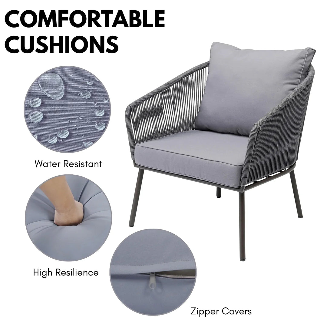 Zariah Outdoor Rope 5-Seater Patio Sofa Set with Glass Top Table (Grey)