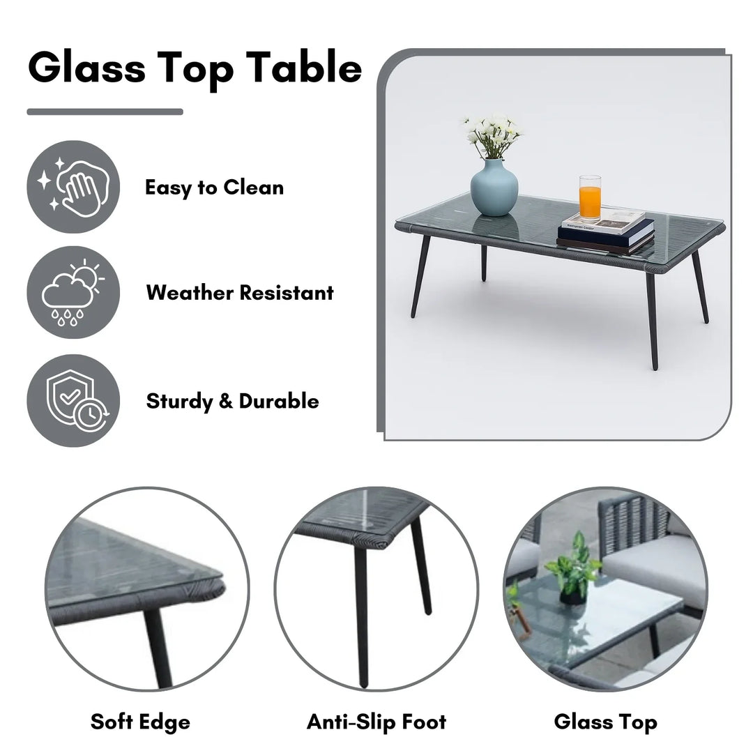 Amirah Outdoor Grey Rope 7-Seater Sofa Set With Glass Top Table