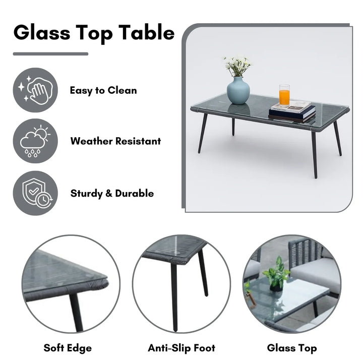 Amirah Outdoor Grey Rope 7-Seater Sofa Set With Glass Top Table