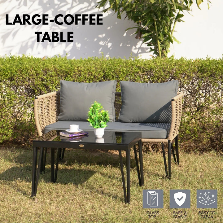 Monroe Outdoor Rope 4-Piece Patio Sofa Set with Glass Top Table (Beige & Dark Grey)