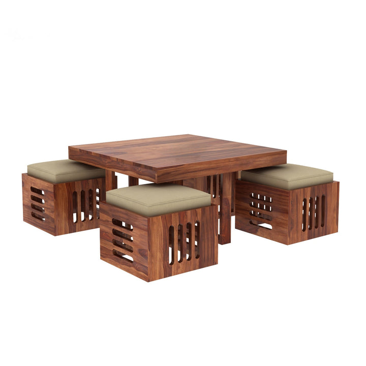 Savely Solid Wood Sheesham Coffee Table with 4 Seating Stools