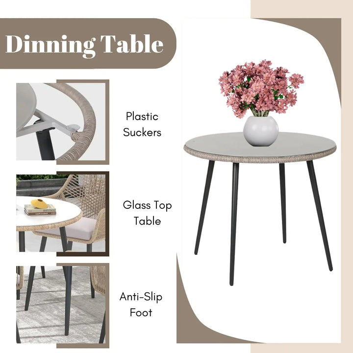 Valentina 5-Piece Outdoor Patio Dining Set with Rope Chairs & Glass Top Table