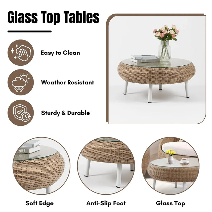 Outdoor Wicker 5-Seater Sofa Set With Glass Top Tables