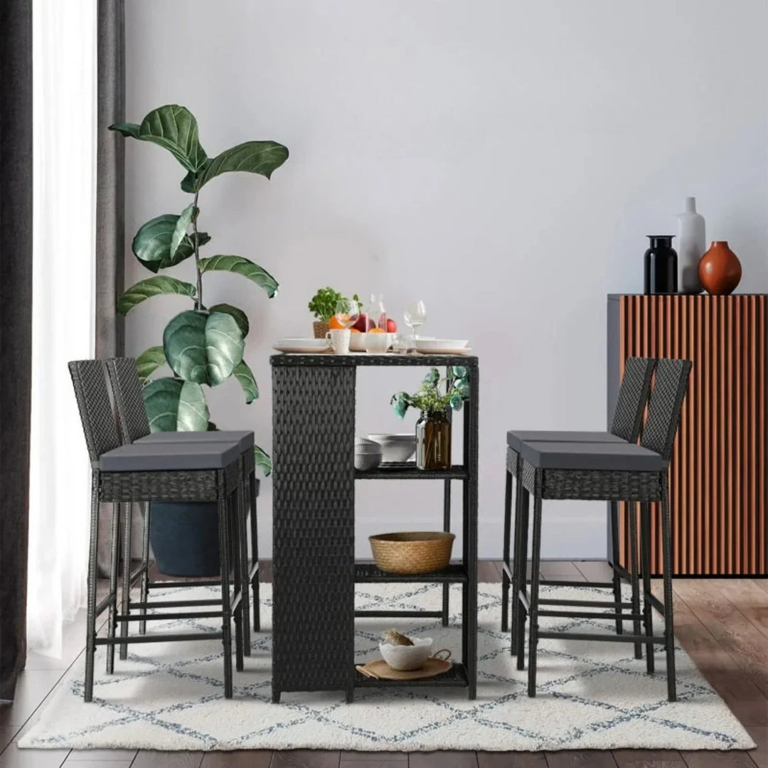 Flor 5-Piece Outdoor Rattan Wicker Bar Set with Glass Top Table