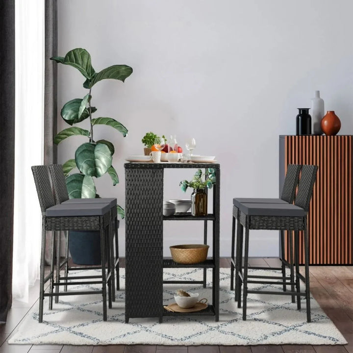 Flor 5-Piece Outdoor Rattan Wicker Bar Set with Glass Top Table