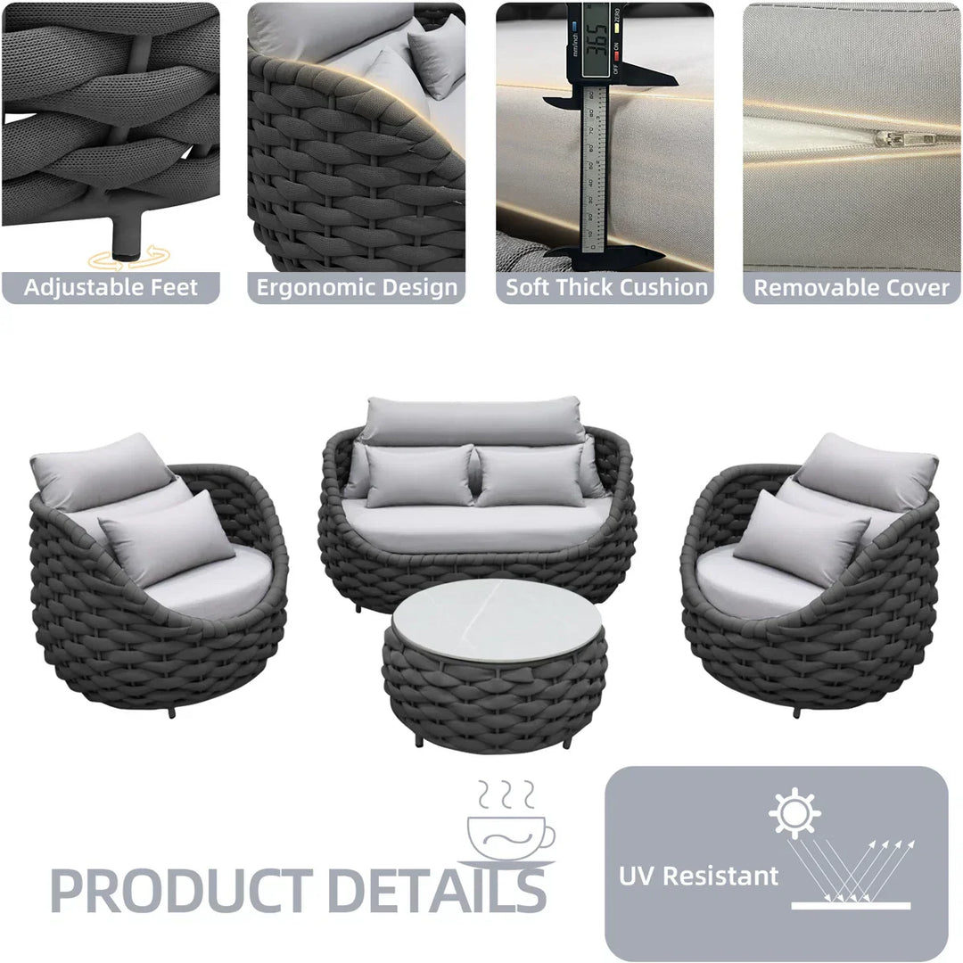 Eiva Outdoor Sofa Set 2 Seater, 2 Single seater and 1 Center Table (Light Grey) Braided & Rope