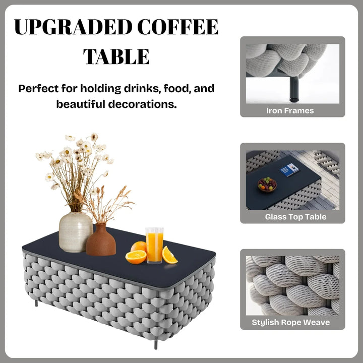 Rina 4 Piece Outdoor Rope Sofa Set with Glass Top Coffee Table (Light Grey & Dark Grey)