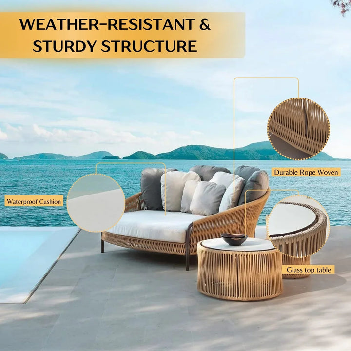 Roxane Outdoor Patio Rope Daybed With Center and Side Tables