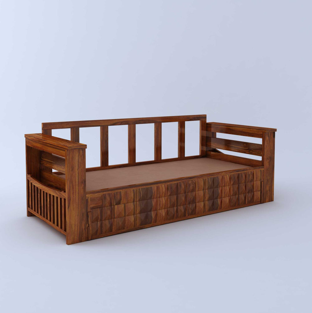 Eliana Solid Sheesham Wood 3 Seater Sofa Cum Bed With Mini Storage and Side Pockets