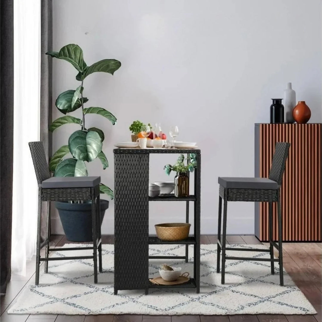 Coraline 3-Piece Outdoor Rattan Wicker Bar Set with Glass Top Table
