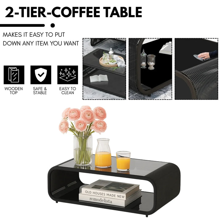 Zainab Outdoor Braided Rope Sofa Set With 2-Tier Glass Top Table