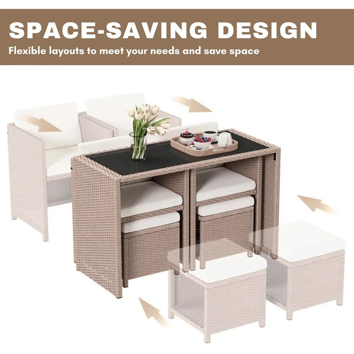 Outdoor Wicker 5-Piece Bar Set with Glass Top Table & Ottomans