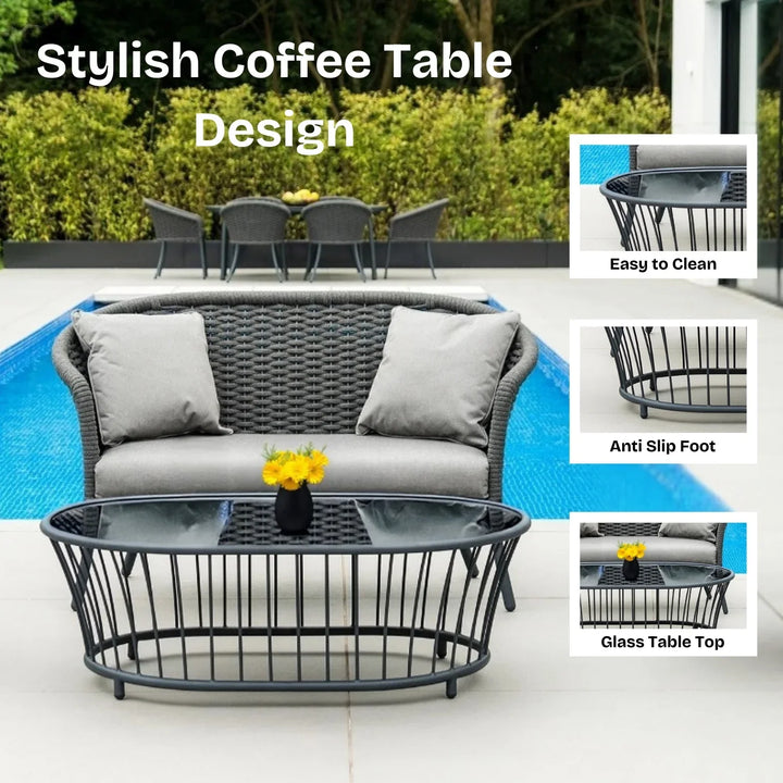 Zahra Outdoor Grey Rope 4 Piece Patio Sofa Set with Light Grey Cushions