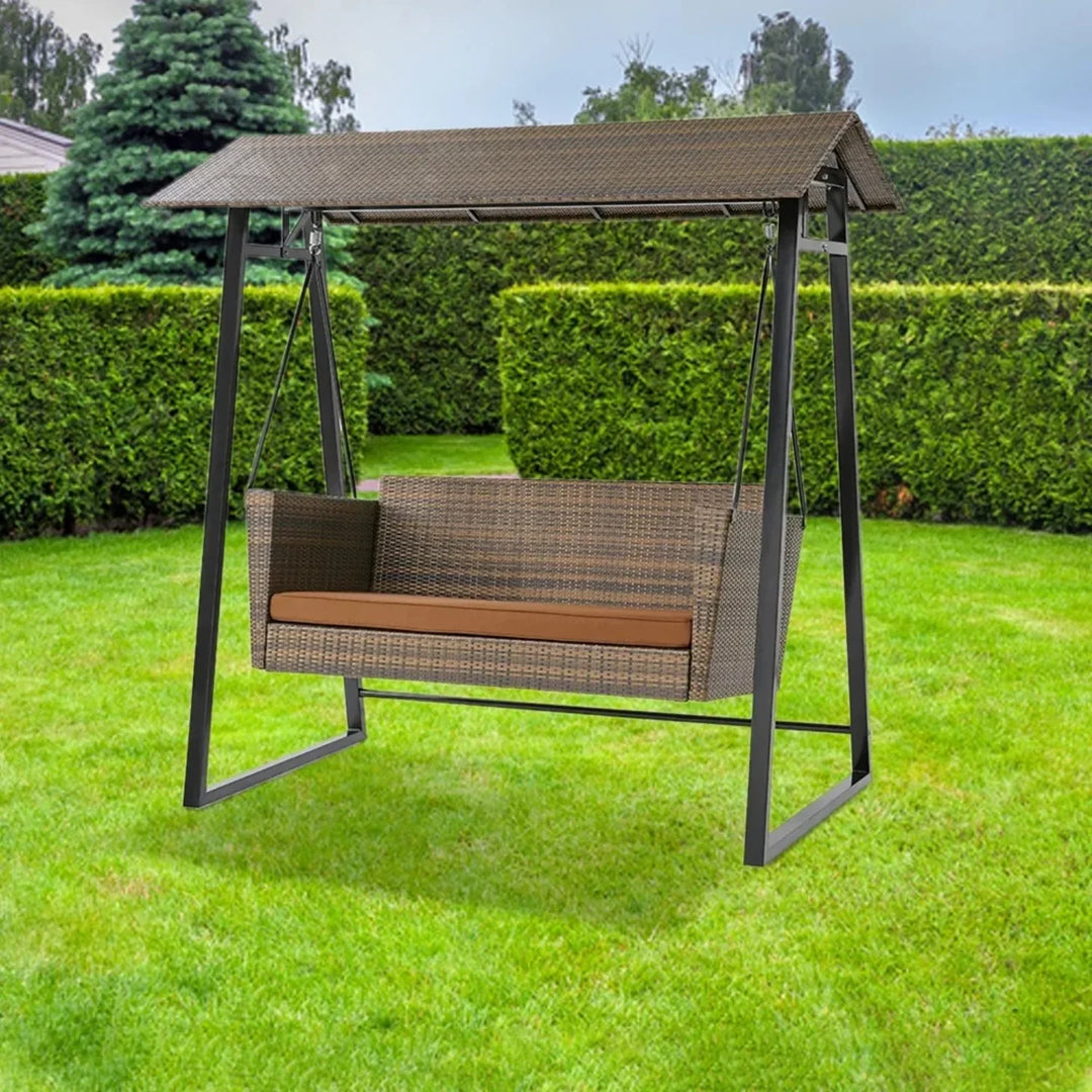Tigist All Weather Wicker 2-Seat Patio Swing Chair with Shade & Cushions