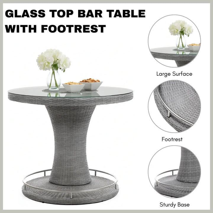 Thandi 7-Piece Outdoor Rattan Wicker Bar Set with Round Glass Top Table
