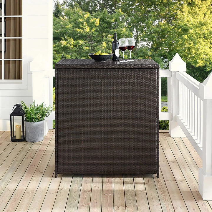 Olalla Outdoor Rattan Wicker Bar Table With Storage Selves