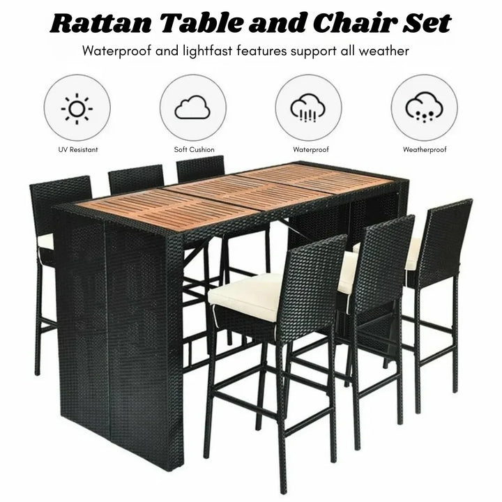 Lyra 7-Piece Outdoor Rattan Wicker Bar Set with Wooden Top Table