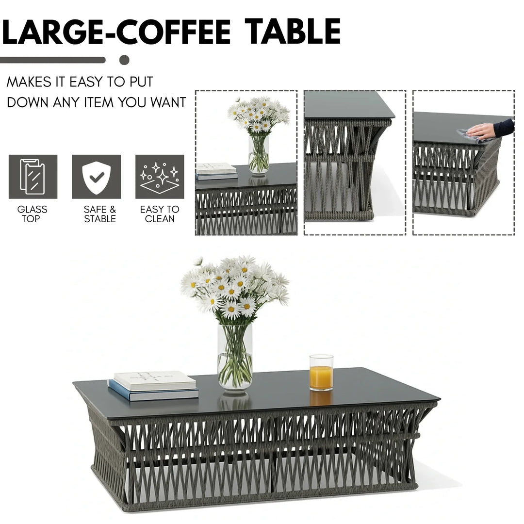 Denali Outdoor Rope 7-Seater Sofa Set With Glass Top Table