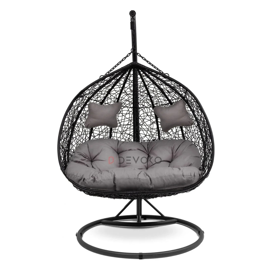 Hua Double Seater Rattan & Wicker Swing (Black & Grey)