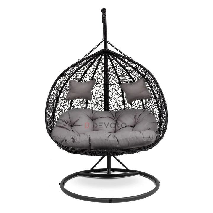 Hua Double Seater Rattan & Wicker Swing (Black & Grey)