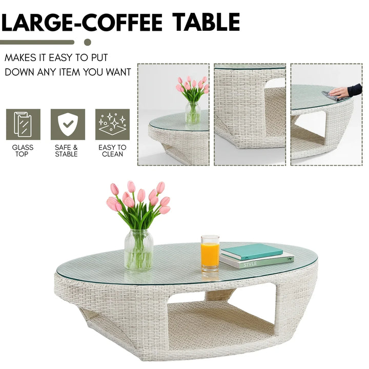 Outdoor White Rattan Wicker Sofa Chairs With Glass Top Table